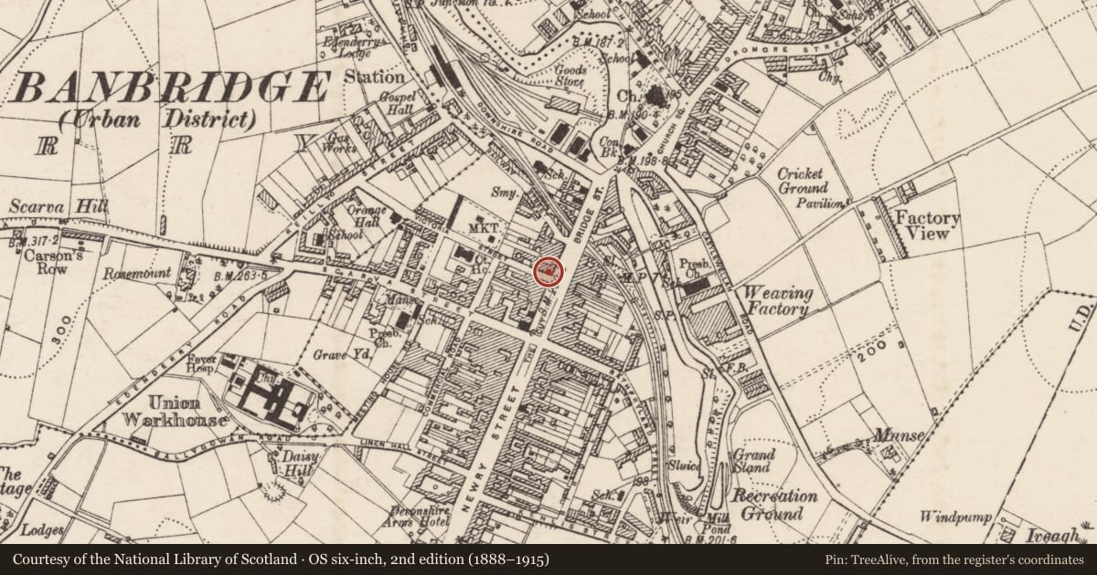 Ordnance Survey six-inch map, 2nd edition (1888–1915) covering the location of 24 Bridge Street, Armagh City, Banbridge and Craigavon, with a pin at the register's coordinates