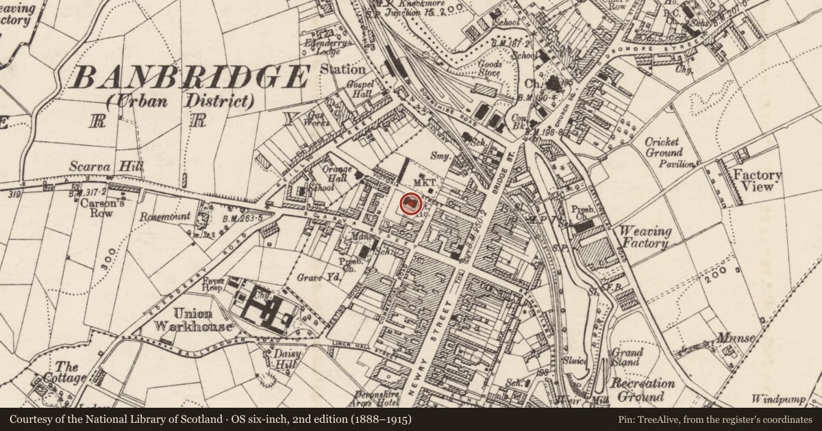 Ordnance Survey six-inch map, 2nd edition (1888–1915) covering the location of Banbridge Court House, Ballyvally, Armagh City, Banbridge and Craigavon, with a pin at the register's coordinates