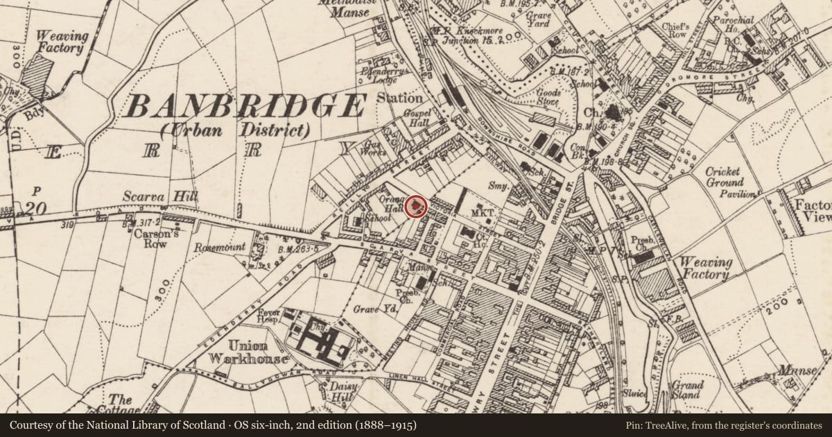 Ordnance Survey six-inch map, 2nd edition (1888–1915) covering the location of Orange Hall, Armagh City, Banbridge and Craigavon, with a pin at the register's coordinates