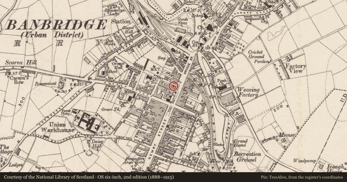 Ordnance Survey six-inch map, 2nd edition (1888–1915) covering the location of Ulster Bank, Tullyear, Armagh City, Banbridge and Craigavon, with a pin at the register's coordinates