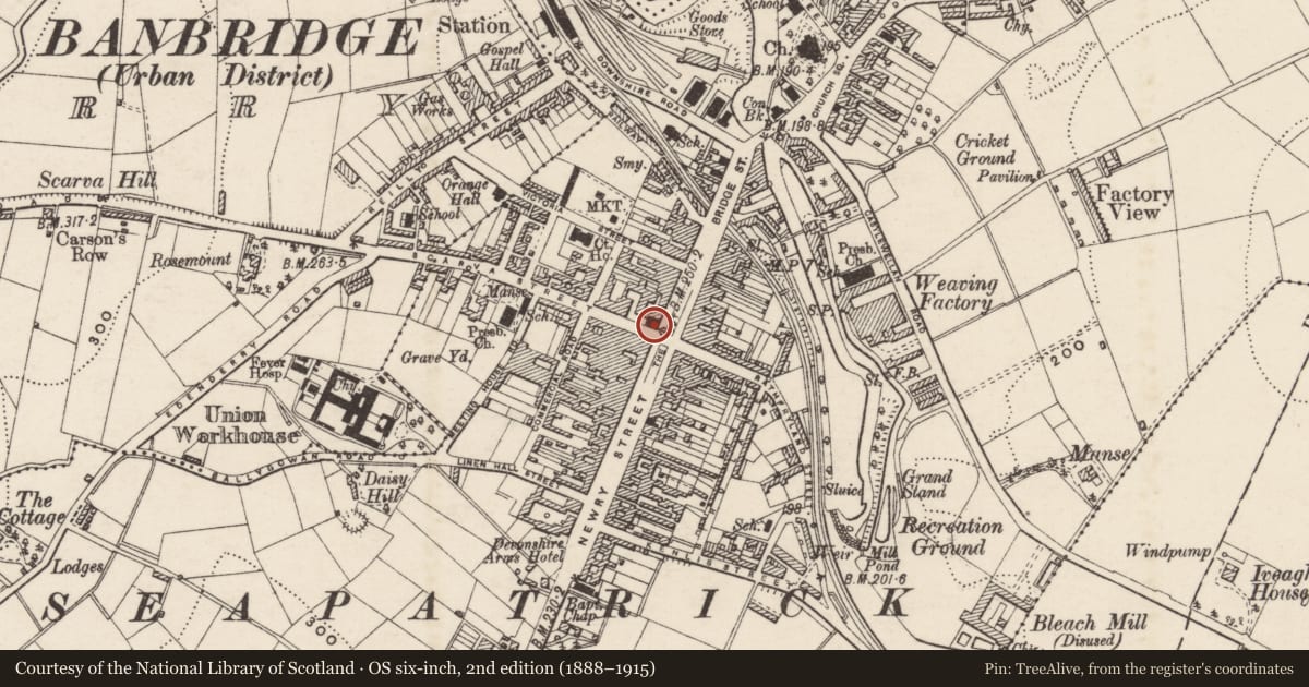 Ordnance Survey six-inch map, 2nd edition (1888–1915) covering the location of Former Market House, Tullyear, Armagh City, Banbridge and Craigavon, with a pin at the register's coordinates