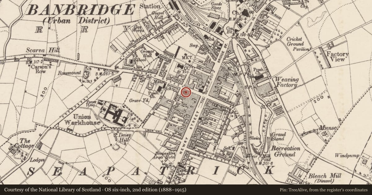 Ordnance Survey six-inch map, 2nd edition (1888–1915) covering the location of First and Last Pub, Armagh City, Banbridge and Craigavon, with a pin at the register's coordinates