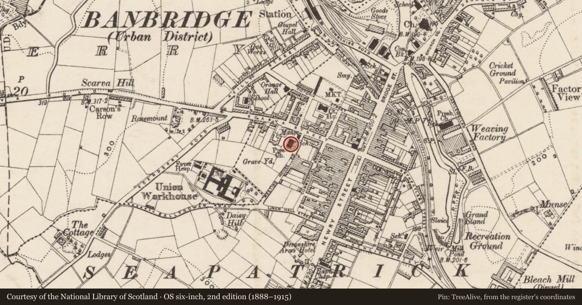 Ordnance Survey six-inch map, 2nd edition (1888–1915) covering the location of Presbyterian Church, Ballyvally, Armagh City, Banbridge and Craigavon, with a pin at the register's coordinates