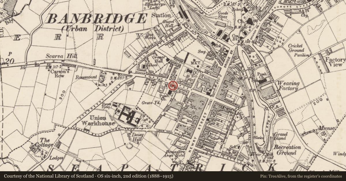 Ordnance Survey six-inch map, 2nd edition (1888–1915) covering the location of Gates and Railings, Ballyvally, Armagh City, Banbridge and Craigavon, with a pin at the register's coordinates