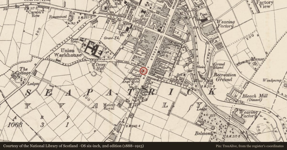 Ordnance Survey six-inch map, 2nd edition (1888–1915) covering the location of 89 Newry Street, Ballyvally, Armagh City, Banbridge and Craigavon, with a pin at the register's coordinates