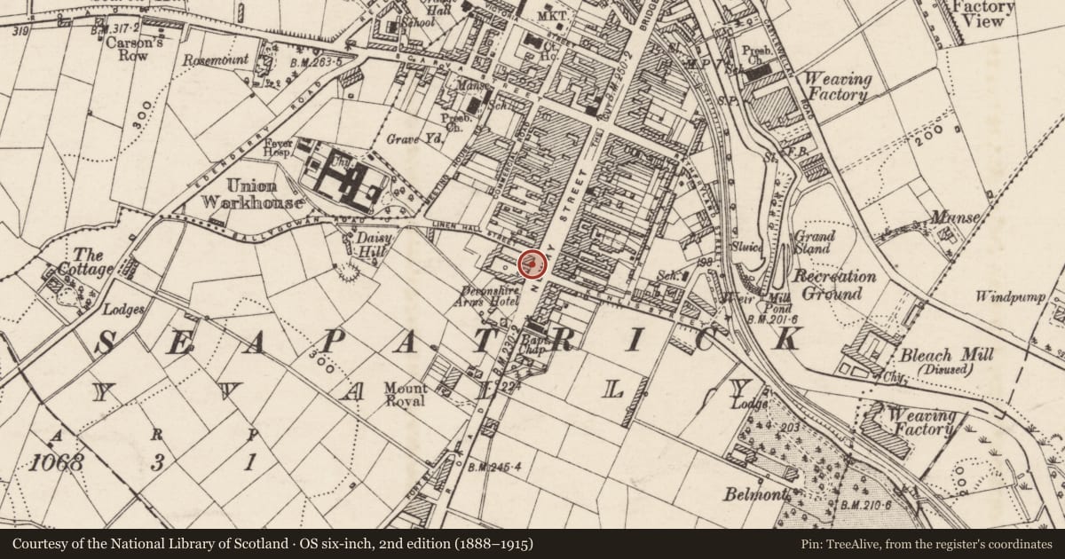 Ordnance Survey six-inch map, 2nd edition (1888–1915) covering the location of 91 Newry Street, Ballyvally, Armagh City, Banbridge and Craigavon, with a pin at the register's coordinates