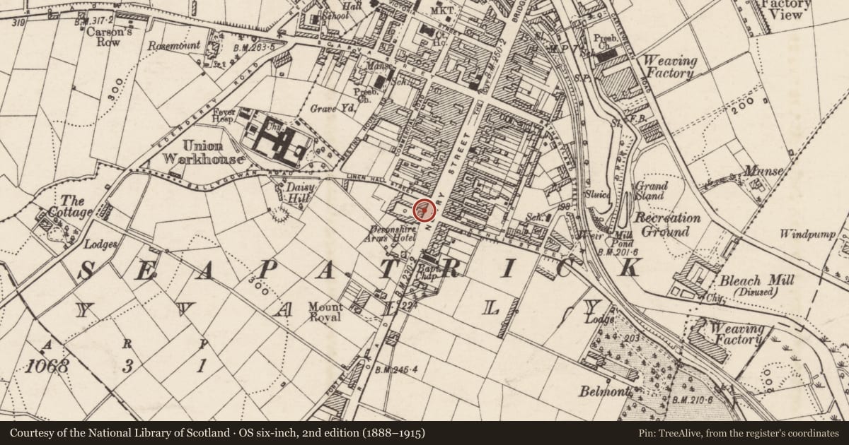 Ordnance Survey six-inch map, 2nd edition (1888–1915) covering the location of 93 Newry Street, Tullyear, Armagh City, Banbridge and Craigavon, with a pin at the register's coordinates