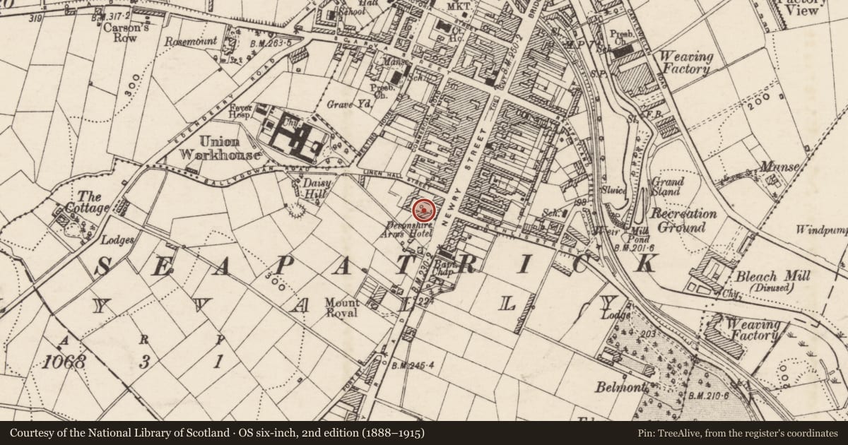Ordnance Survey six-inch map, 2nd edition (1888–1915) covering the location of Downshire Arms Hotel, Tullyear, Armagh City, Banbridge and Craigavon, with a pin at the register's coordinates