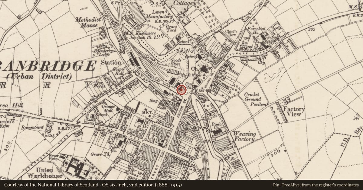 Ordnance Survey six-inch map, 2nd edition (1888–1915) covering the location of Old Technical School, Tullyear, Armagh City, Banbridge and Craigavon, with a pin at the register's coordinates