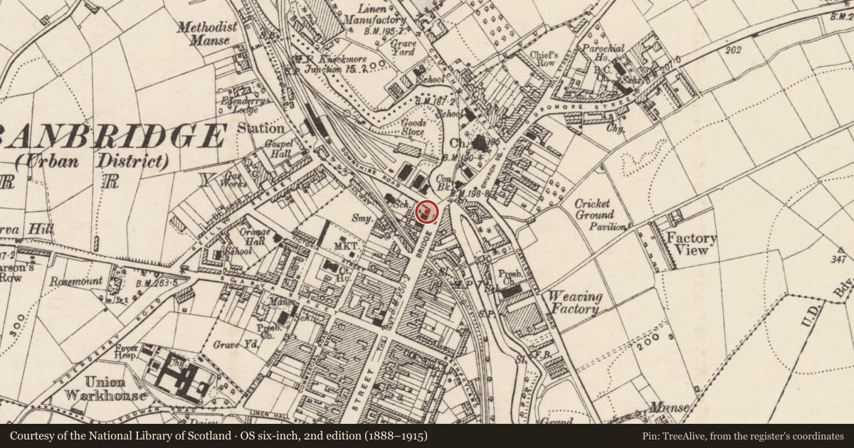 Ordnance Survey six-inch map, 2nd edition (1888–1915) covering the location of Former Northern Bank, Tullyear, Armagh City, Banbridge and Craigavon, with a pin at the register's coordinates