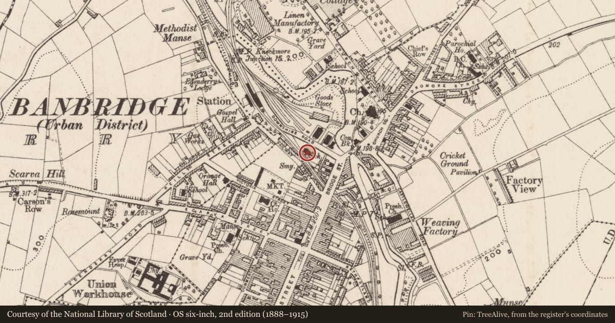 Ordnance Survey six-inch map, 2nd edition (1888–1915) covering the location of Dunbar Memorial Hall, Ballyvally, Armagh City, Banbridge and Craigavon, with a pin at the register's coordinates