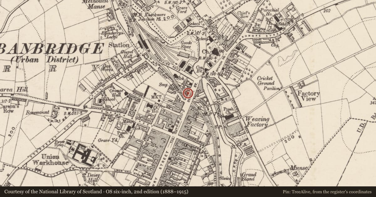 Ordnance Survey six-inch map, 2nd edition (1888–1915) covering the location of 42-45 Bridge Street, Armagh City, Banbridge and Craigavon, with a pin at the register's coordinates