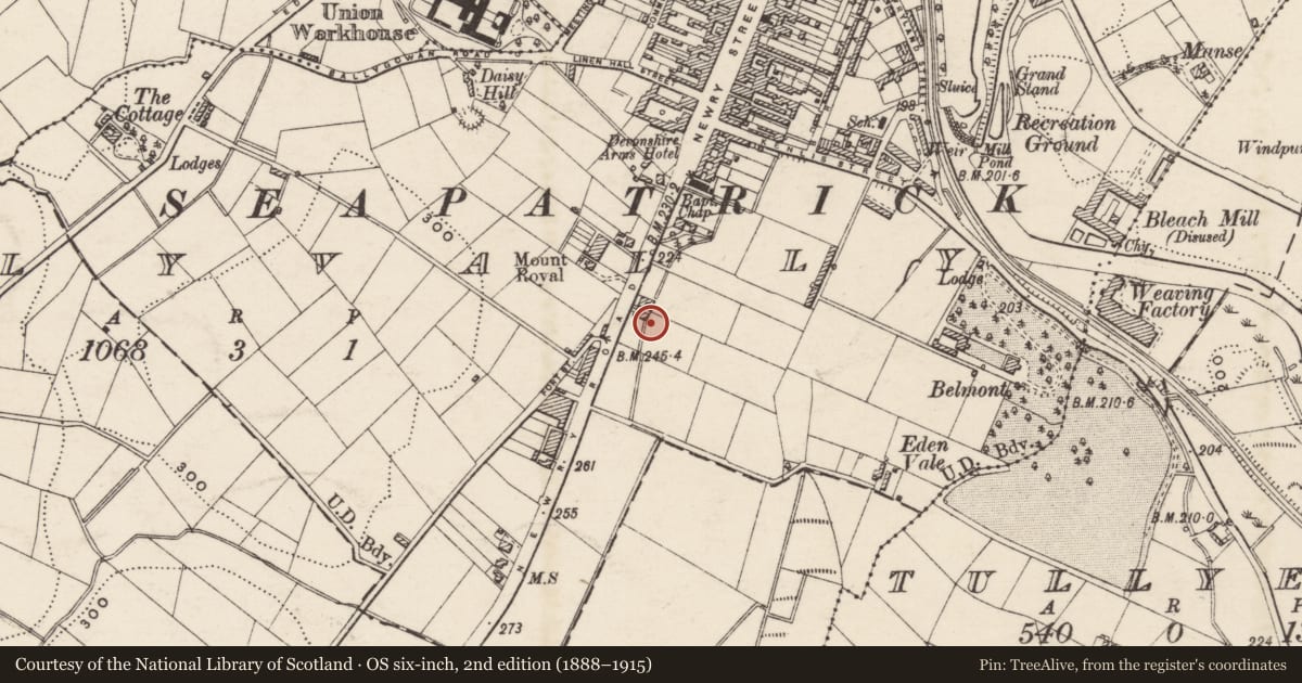 Ordnance Survey six-inch map, 2nd edition (1888–1915) covering the location of The Cottage, Armagh City, Banbridge and Craigavon, with a pin at the register's coordinates