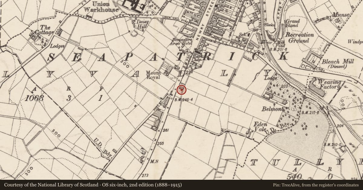 Ordnance Survey six-inch map, 2nd edition (1888–1915) covering the location of Old House adjoining the Cottage, Armagh City, Banbridge and Craigavon, with a pin at the register's coordinates