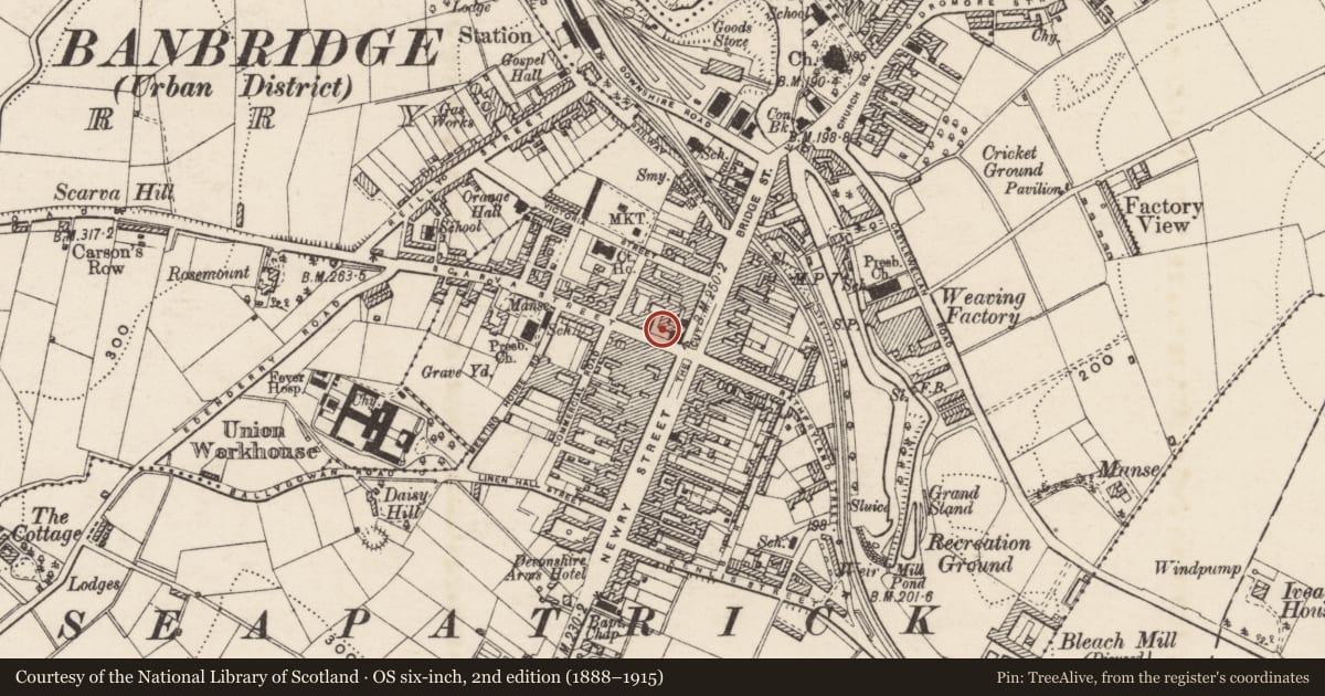 Ordnance Survey six-inch map, 2nd edition (1888–1915) covering the location of The Post Office, Ballyvally, Armagh City, Banbridge and Craigavon, with a pin at the register's coordinates