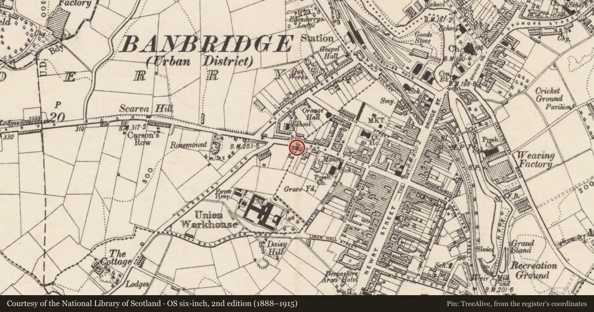 Ordnance Survey six-inch map, 2nd edition (1888–1915) covering the location of 74 Scarva Street, Armagh City, Banbridge and Craigavon, with a pin at the register's coordinates