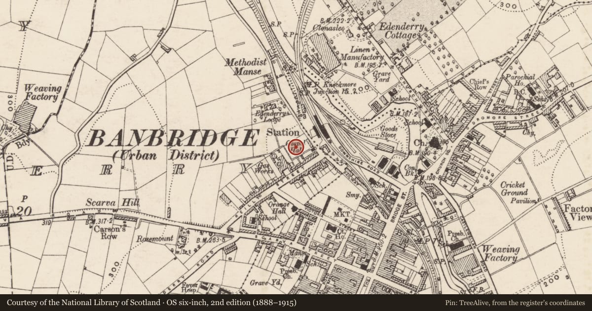 Ordnance Survey six-inch map, 2nd edition (1888–1915) covering the location of Iveagh Cinema, Edenderry, Armagh City, Banbridge and Craigavon, with a pin at the register's coordinates