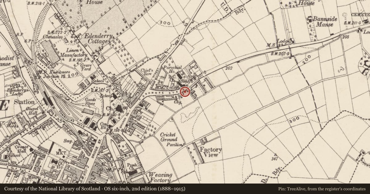 Ordnance Survey six-inch map, 2nd edition (1888–1915) covering the location of 39-45 Dromore Street, Armagh City, Banbridge and Craigavon, with a pin at the register's coordinates