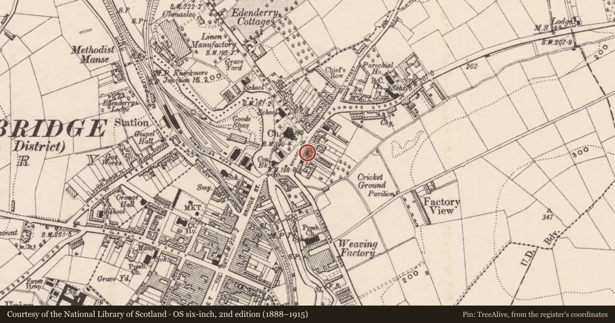 Ordnance Survey six-inch map, 2nd edition (1888–1915) covering the location of Riverside Inn, Tullyear, Armagh City, Banbridge and Craigavon, with a pin at the register's coordinates