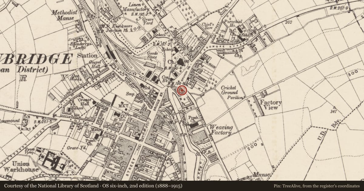 Ordnance Survey six-inch map, 2nd edition (1888–1915) covering the location of 9A Church Square, Tullyear, Armagh City, Banbridge and Craigavon, with a pin at the register's coordinates