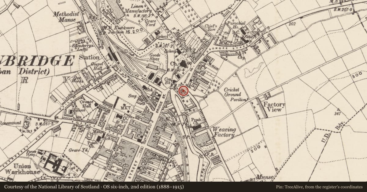 Ordnance Survey six-inch map, 2nd edition (1888–1915) covering the location of 7 Church Square, Tullyear, Armagh City, Banbridge and Craigavon, with a pin at the register's coordinates