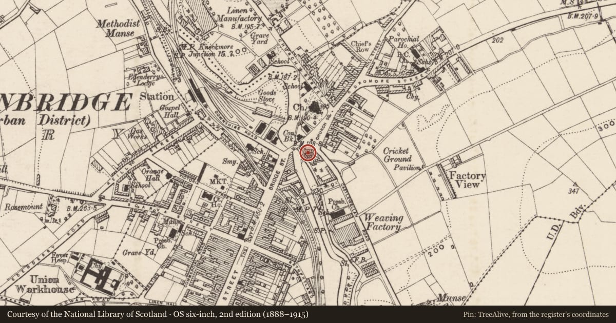 Ordnance Survey six-inch map, 2nd edition (1888–1915) covering the location of 2 Church Square, Armagh City, Banbridge and Craigavon, with a pin at the register's coordinates