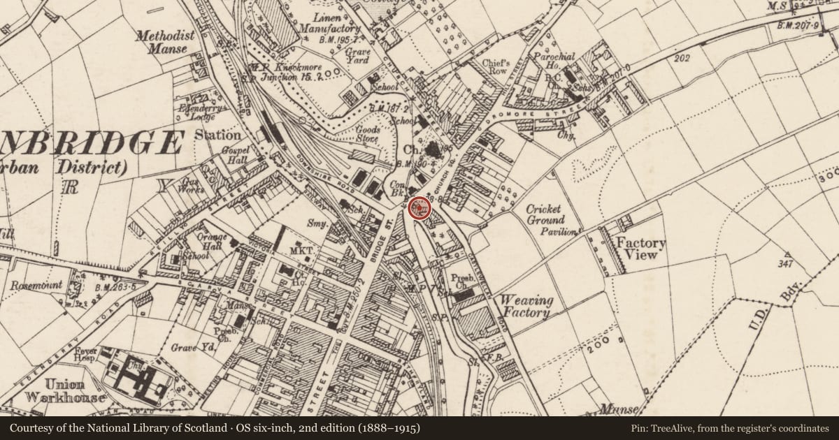 Ordnance Survey six-inch map, 2nd edition (1888–1915) covering the location of 1 Church Square, Tullyear, Armagh City, Banbridge and Craigavon, with a pin at the register's coordinates