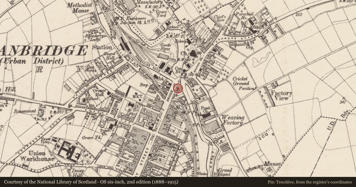 Ordnance Survey six-inch map, 2nd edition (1888–1915) covering the location of 69 Bridge Street, Ballyvally, Armagh City, Banbridge and Craigavon, with a pin at the register's coordinates