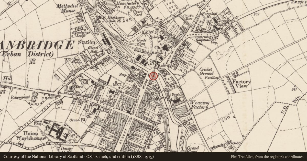 Ordnance Survey six-inch map, 2nd edition (1888–1915) covering the location of 71 Bridge Street, Ballyvally, Armagh City, Banbridge and Craigavon, with a pin at the register's coordinates