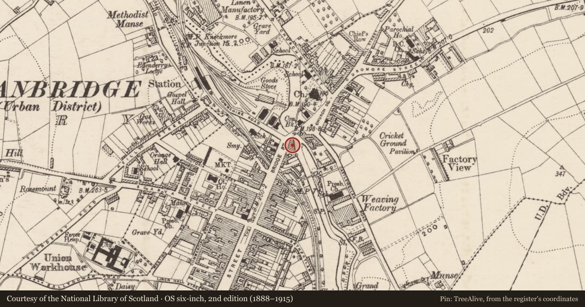 Ordnance Survey six-inch map, 2nd edition (1888–1915) covering the location of 73-75 Bridge Street, Ballyvally, Armagh City, Banbridge and Craigavon, with a pin at the register's coordinates