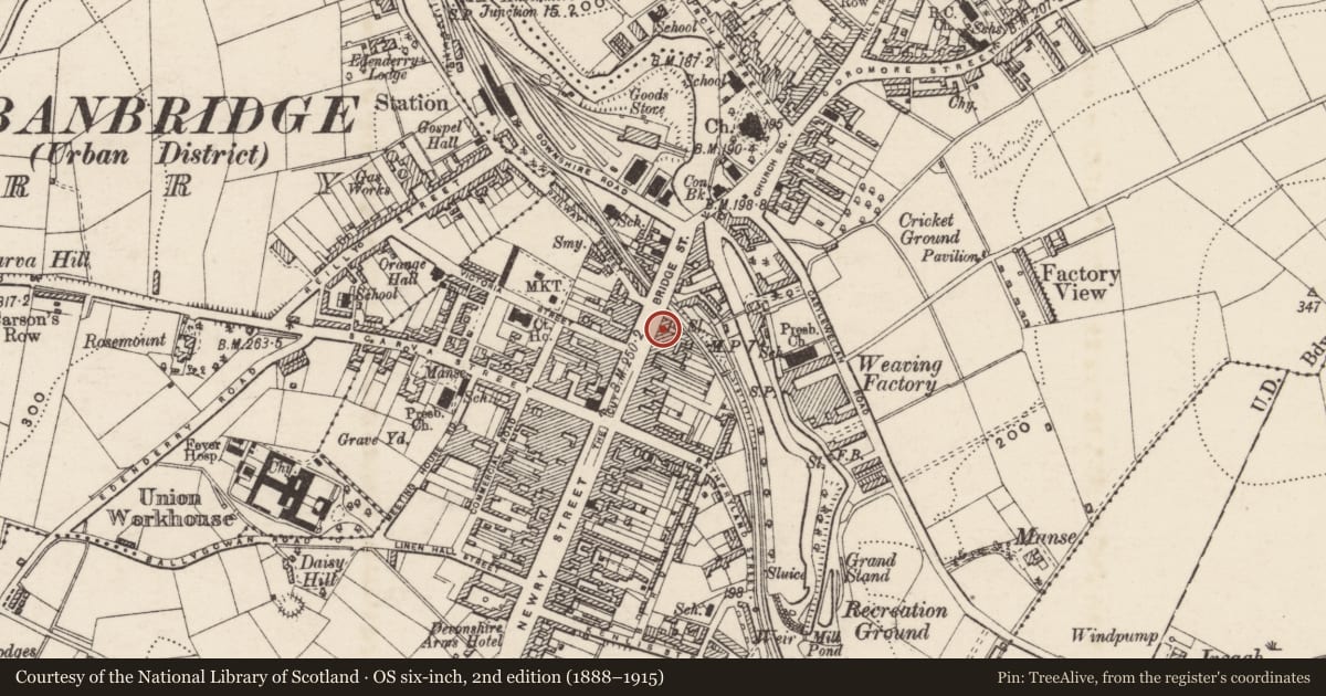 Ordnance Survey six-inch map, 2nd edition (1888–1915) covering the location of 47A Bridge Street, Armagh City, Banbridge and Craigavon, with a pin at the register's coordinates