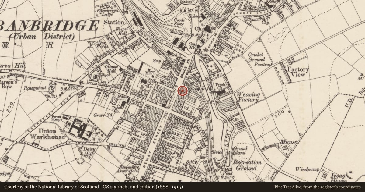 Ordnance Survey six-inch map, 2nd edition (1888–1915) covering the location of 37-39 Bridge Street, Ballyvally, Armagh City, Banbridge and Craigavon, with a pin at the register's coordinates