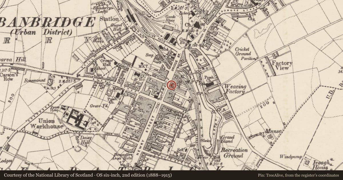Ordnance Survey six-inch map, 2nd edition (1888–1915) covering the location of 33 Bridge Street, Ballyvally, Armagh City, Banbridge and Craigavon, with a pin at the register's coordinates