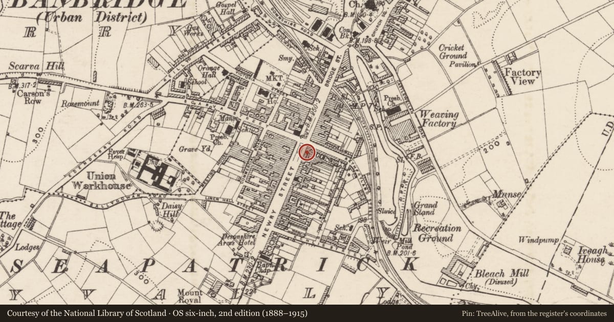 Ordnance Survey six-inch map, 2nd edition (1888–1915) covering the location of 6-8 Newry Street, Armagh City, Banbridge and Craigavon, with a pin at the register's coordinates
