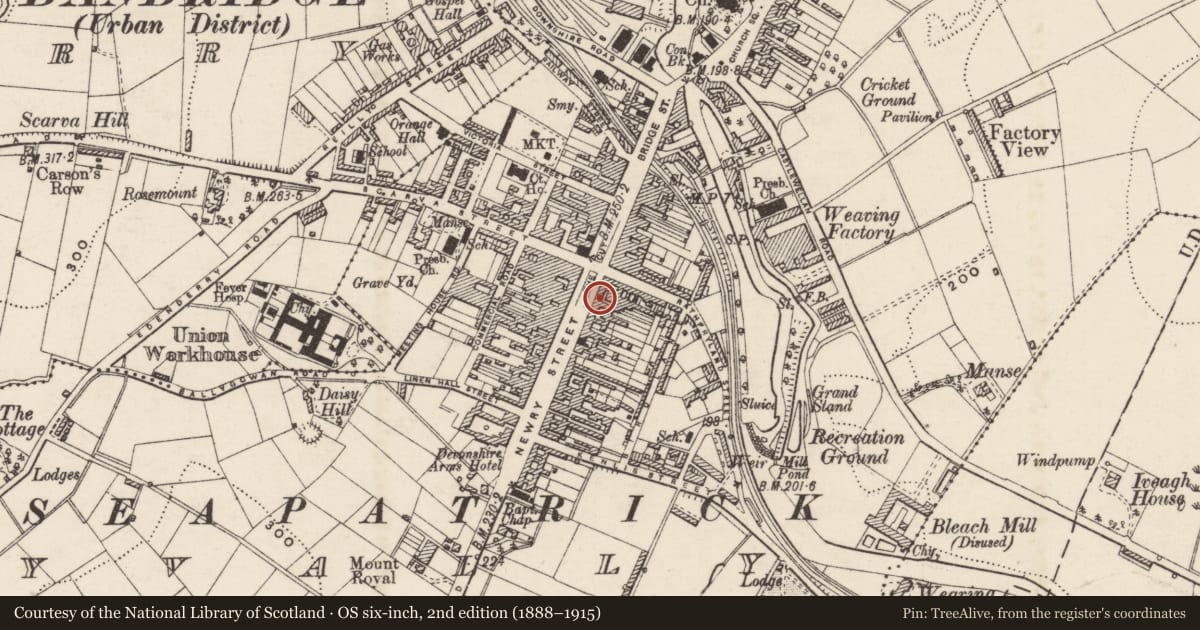 Ordnance Survey six-inch map, 2nd edition (1888–1915) covering the location of 10-12 Newry Street, Armagh City, Banbridge and Craigavon, with a pin at the register's coordinates