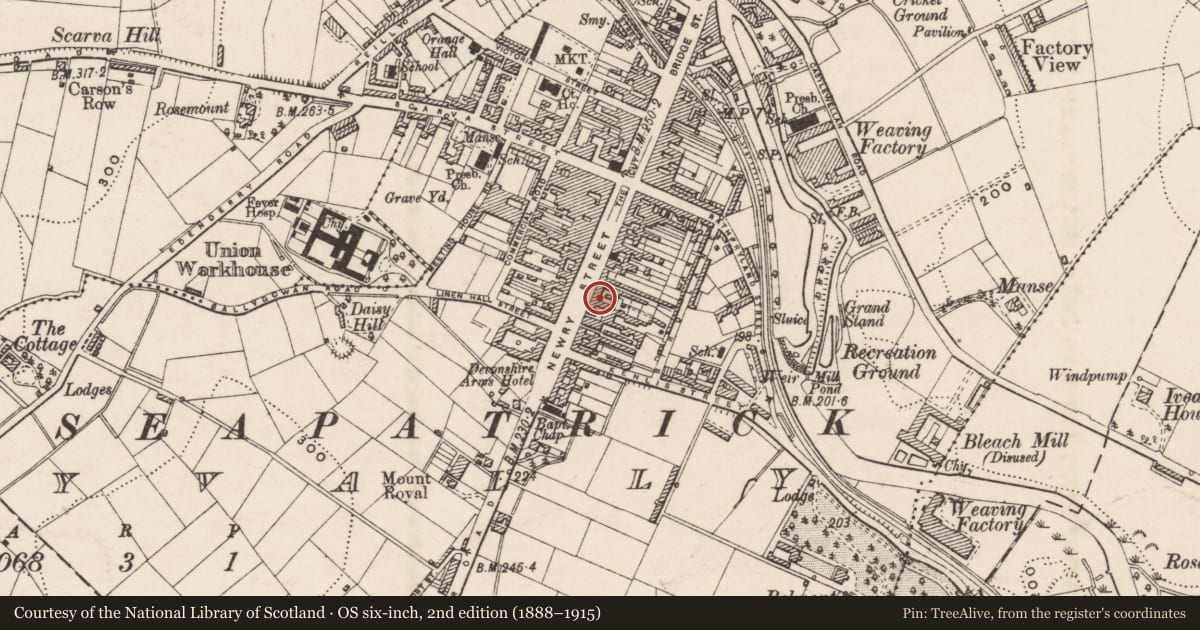 Ordnance Survey six-inch map, 2nd edition (1888–1915) covering the location of 56 Newry Street, Armagh City, Banbridge and Craigavon, with a pin at the register's coordinates