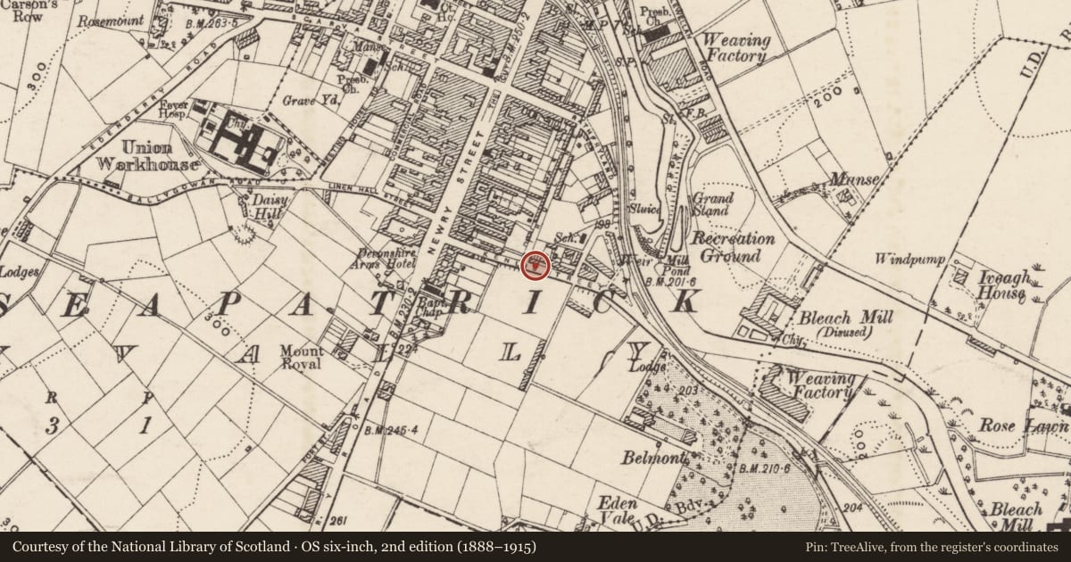 Ordnance Survey six-inch map, 2nd edition (1888–1915) covering the location of Poplar Row, Armagh City, Banbridge and Craigavon, with a pin at the register's coordinates