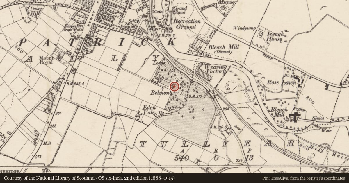Ordnance Survey six-inch map, 2nd edition (1888–1915) covering the location of Belmont Hotel, Tullylear, Armagh City, Banbridge and Craigavon, with a pin at the register's coordinates