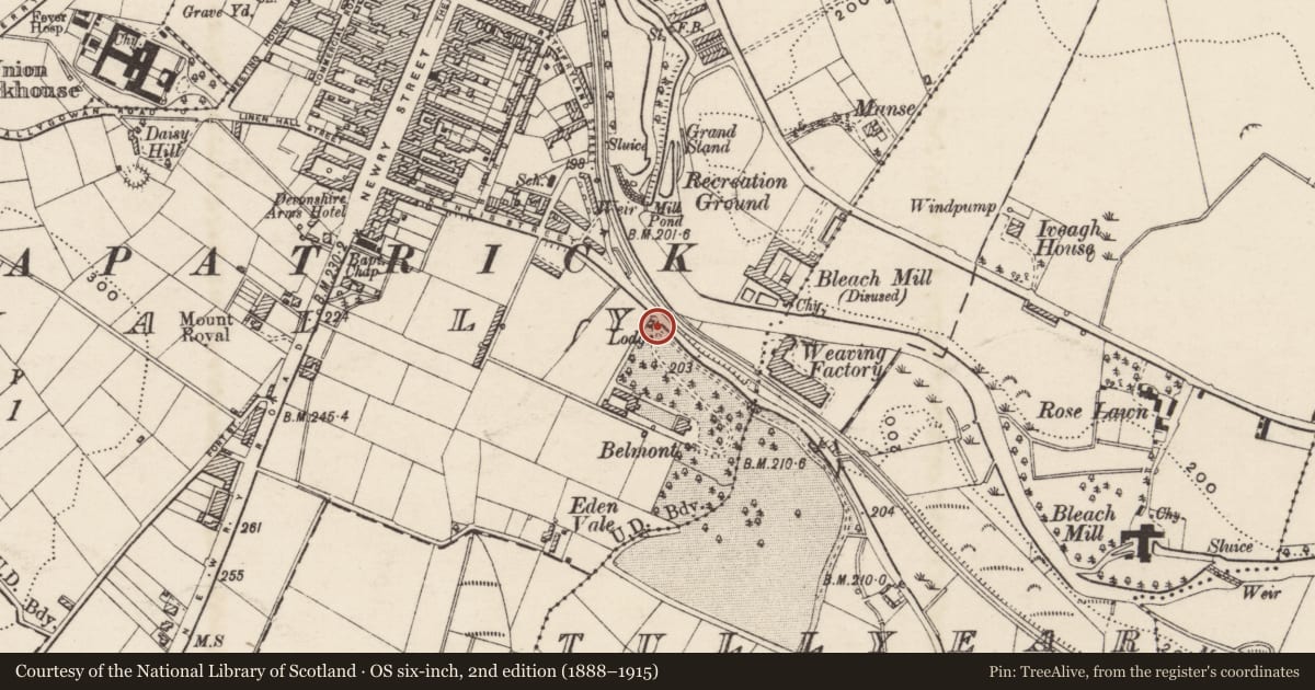 Ordnance Survey six-inch map, 2nd edition (1888–1915) covering the location of Gatelodge, Tullylear, Armagh City, Banbridge and Craigavon, with a pin at the register's coordinates