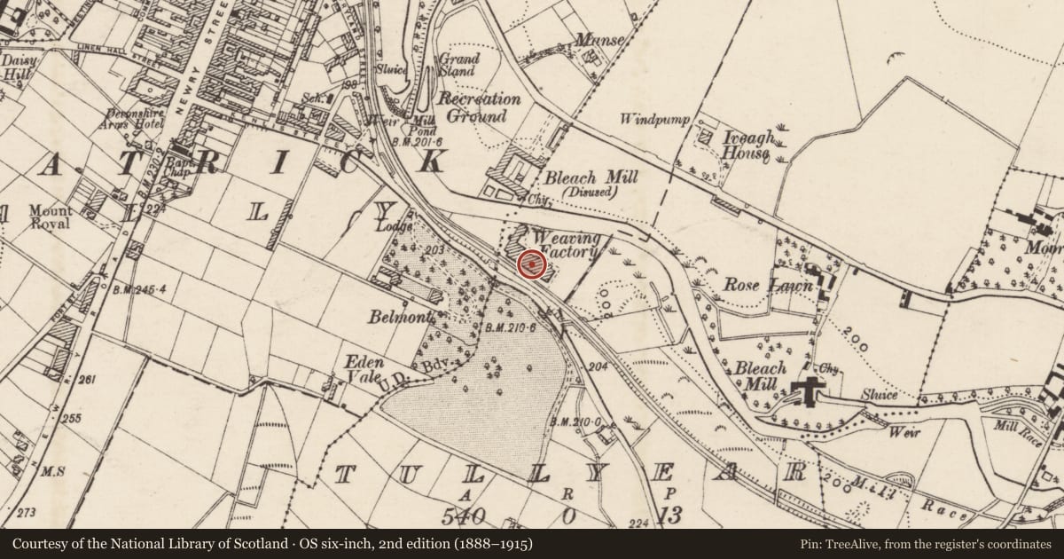 Ordnance Survey six-inch map, 2nd edition (1888–1915) covering the location of Belmount Weaving Factory, Armagh City, Banbridge and Craigavon, with a pin at the register's coordinates