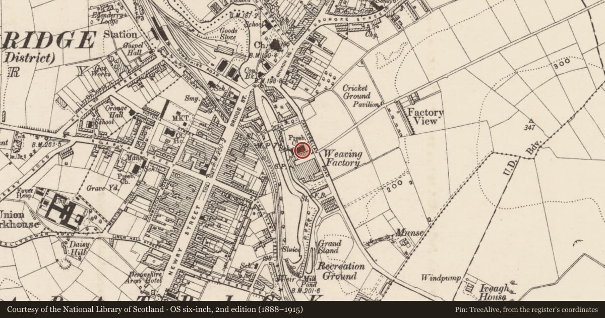 Ordnance Survey six-inch map, 2nd edition (1888–1915) covering the location of Bannside Presbyterian Church, Ballyvally, Armagh City, Banbridge and Craigavon, with a pin at the register's coordinates
