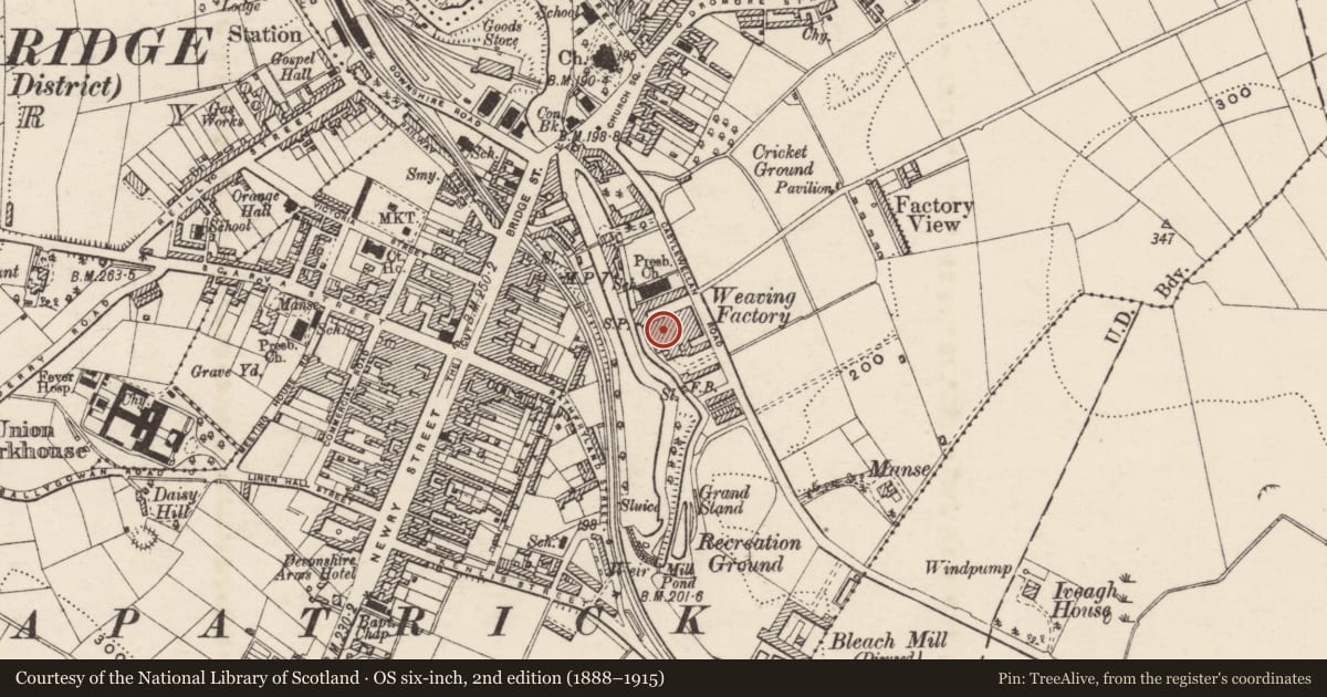 Ordnance Survey six-inch map, 2nd edition (1888–1915) covering the location of Coburns Warehouse, Armagh City, Banbridge and Craigavon, with a pin at the register's coordinates