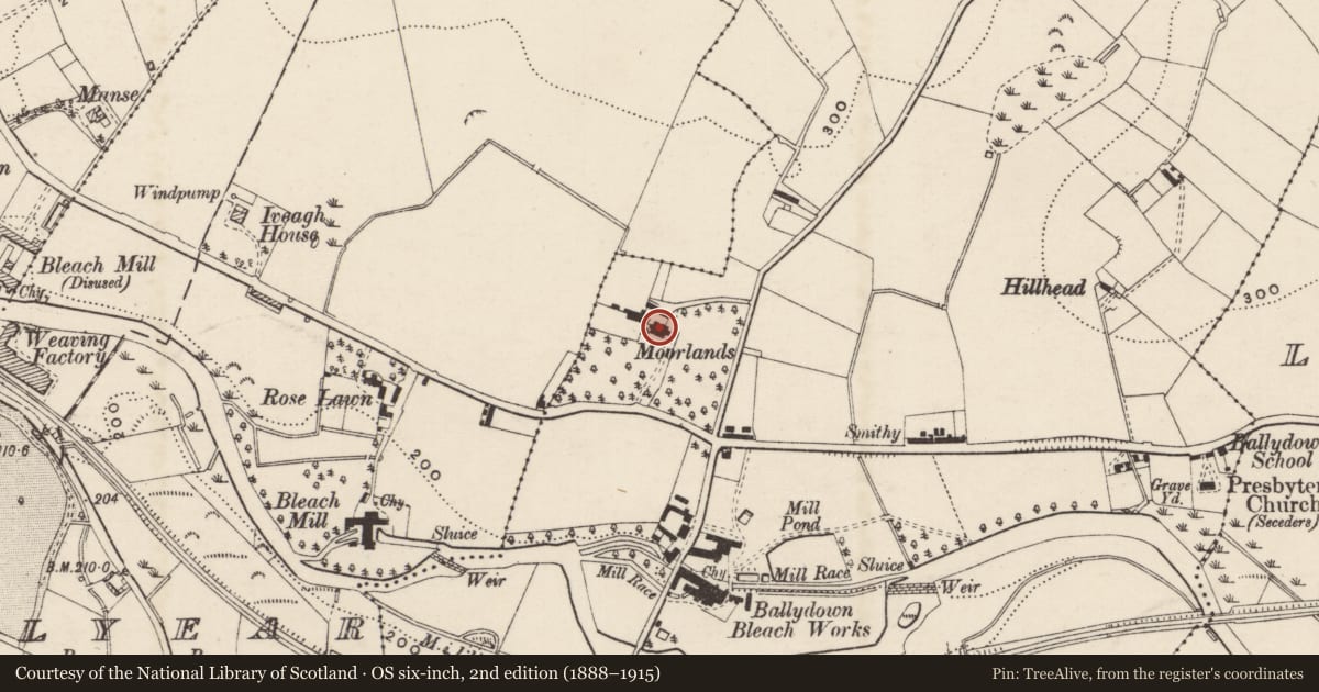 Ordnance Survey six-inch map, 2nd edition (1888–1915) covering the location of Moorlands, Ballydown, Armagh City, Banbridge and Craigavon, with a pin at the register's coordinates
