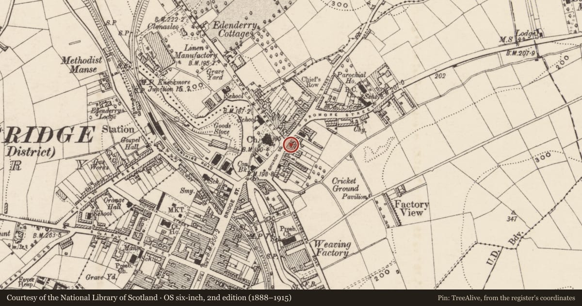 Ordnance Survey six-inch map, 2nd edition (1888–1915) covering the location of McSherry's Off-Licence, Ballyvally, Armagh City, Banbridge and Craigavon, with a pin at the register's coordinates