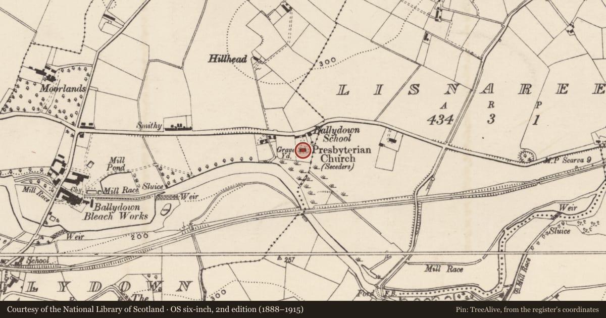 Ordnance Survey six-inch map, 2nd edition (1888–1915) covering the location of Ballydown Presbyterian Church, Armagh City, Banbridge and Craigavon, with a pin at the register's coordinates