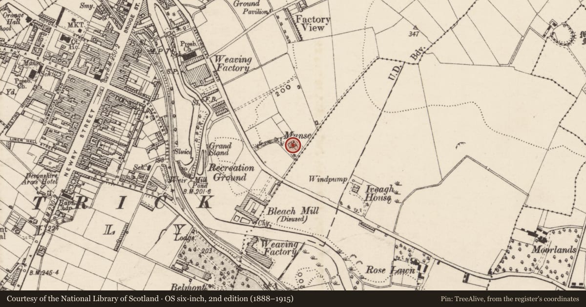 Ordnance Survey six-inch map, 2nd edition (1888–1915) covering the location of 32 Castlewellan Road, Tullyear, Armagh City, Banbridge and Craigavon, with a pin at the register's coordinates