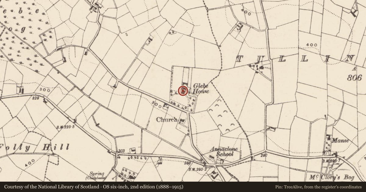 Ordnance Survey six-inch map, 2nd edition (1888–1915) covering the location of Annaclone House, Lisnaliggan, Armagh City, Banbridge and Craigavon, with a pin at the register's coordinates