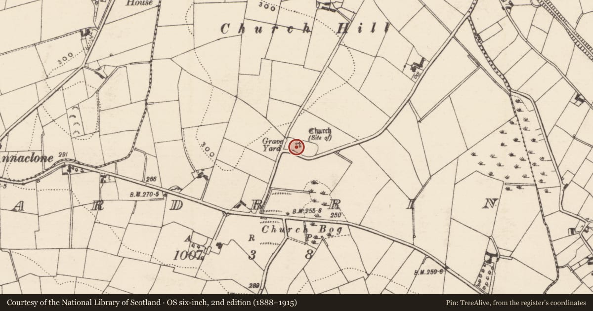 Ordnance Survey six-inch map, 2nd edition (1888–1915) covering the location of Ardbrin Graveyard, Armagh City, Banbridge and Craigavon, with a pin at the register's coordinates