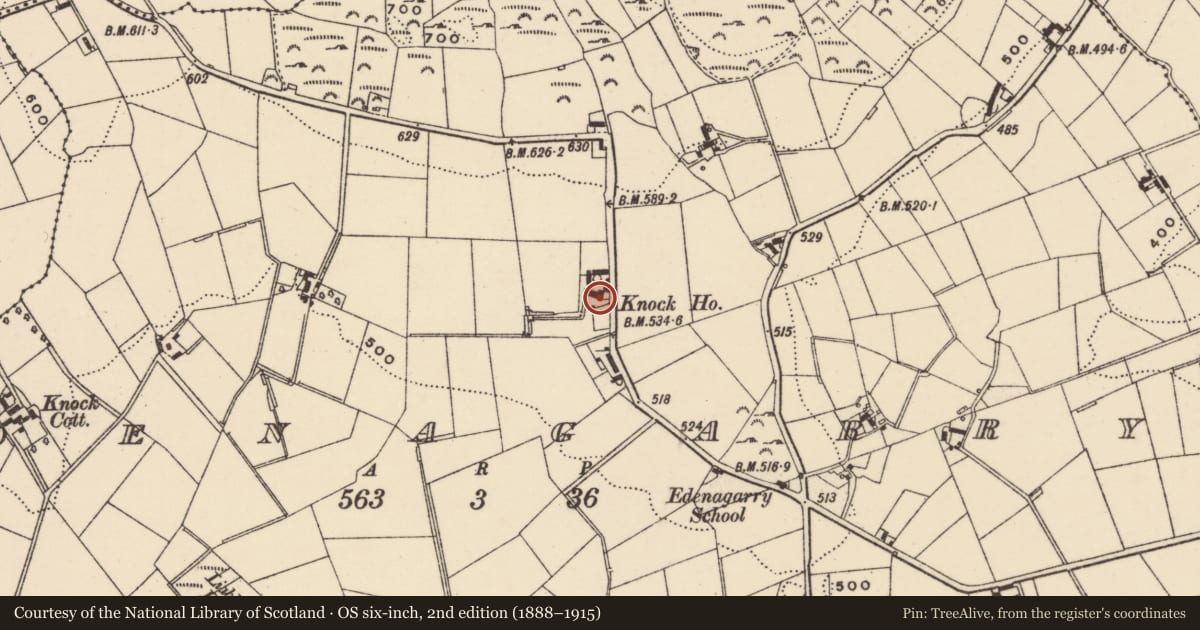 Ordnance Survey six-inch map, 2nd edition (1888–1915) covering the location of Knock House, Edenagarry, Armagh City, Banbridge and Craigavon, with a pin at the register's coordinates