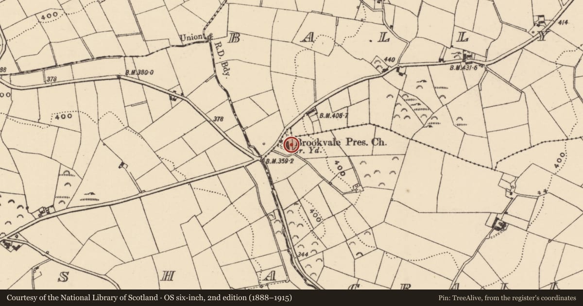 Ordnance Survey six-inch map, 2nd edition (1888–1915) covering the location of Brookvale Presbyterian Church, Armagh City, Banbridge and Craigavon, with a pin at the register's coordinates